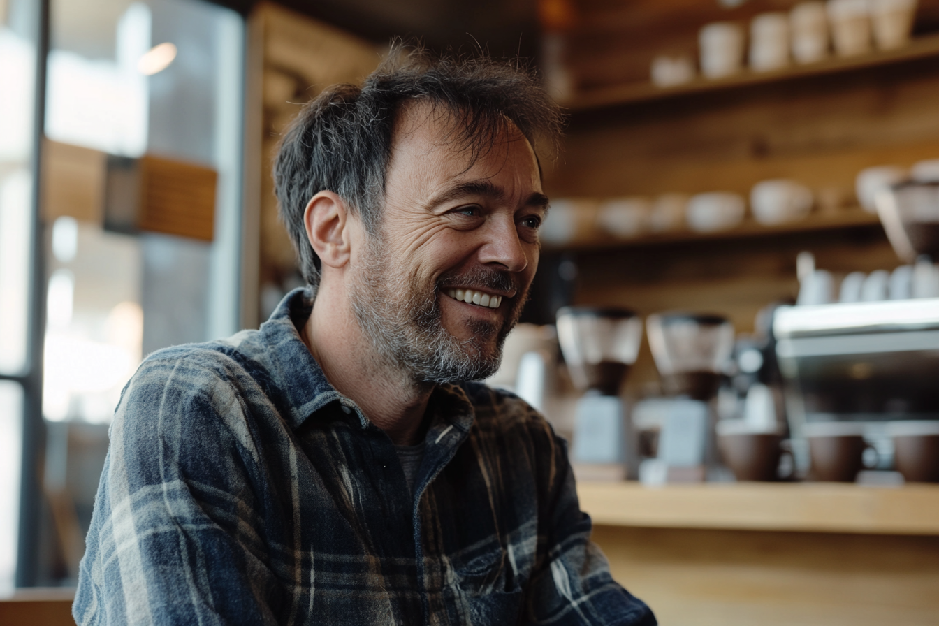 A man smiling in a coffeeshop | Source: Midjourney