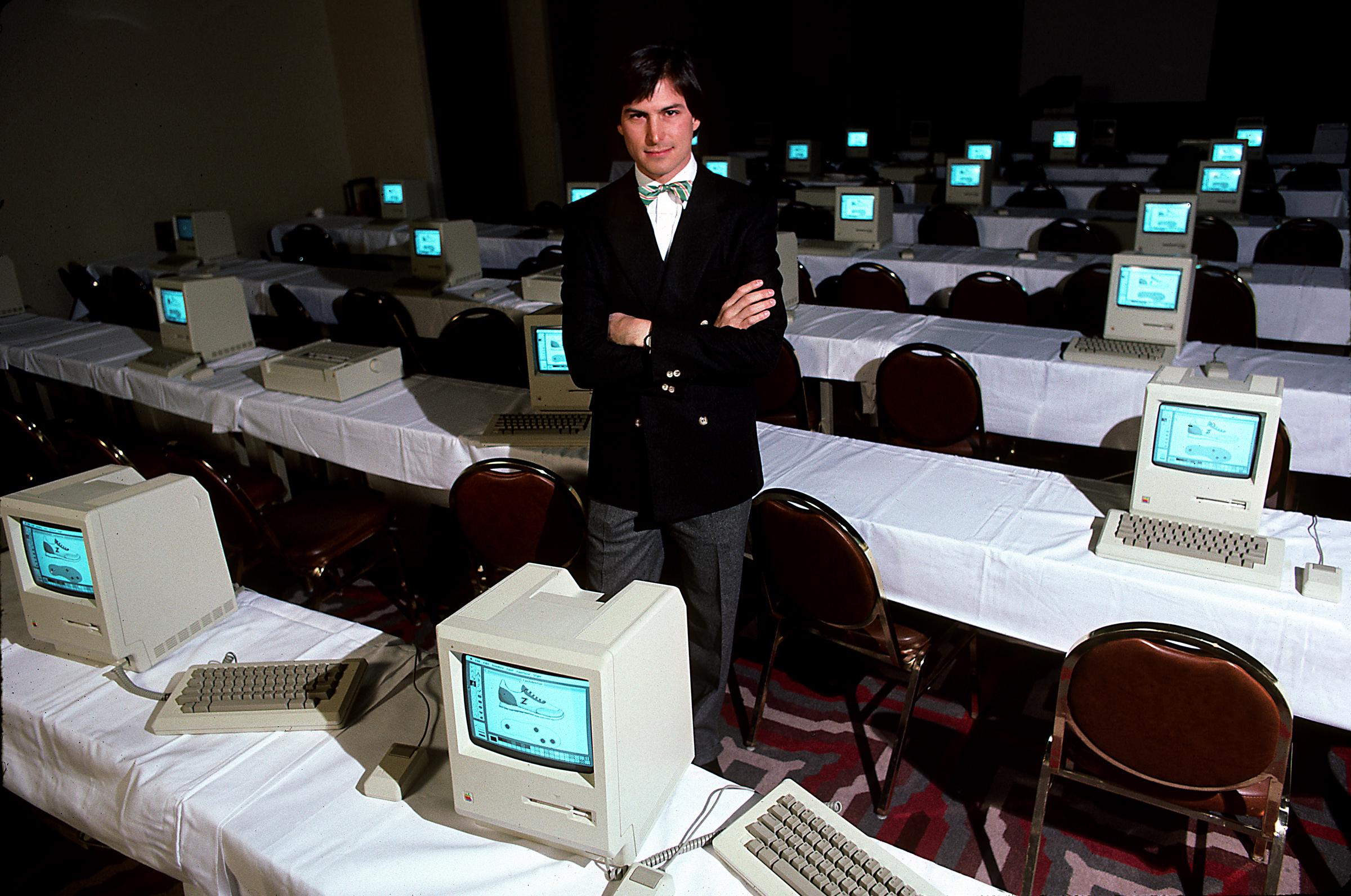 Steve Jobs with room full of computers, circa 1984