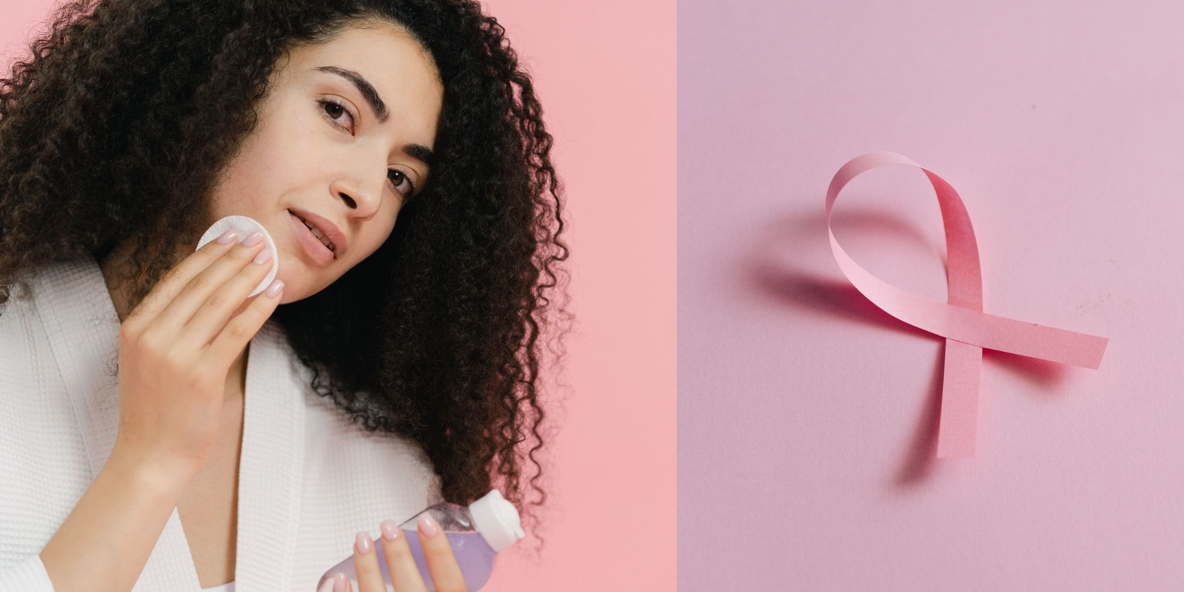 A woman using a beauty product | A breast cancer awareness ribbon | Source: Pexels