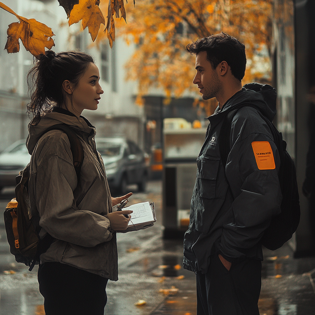 A woman talking to a janitor | Source: Midjourney