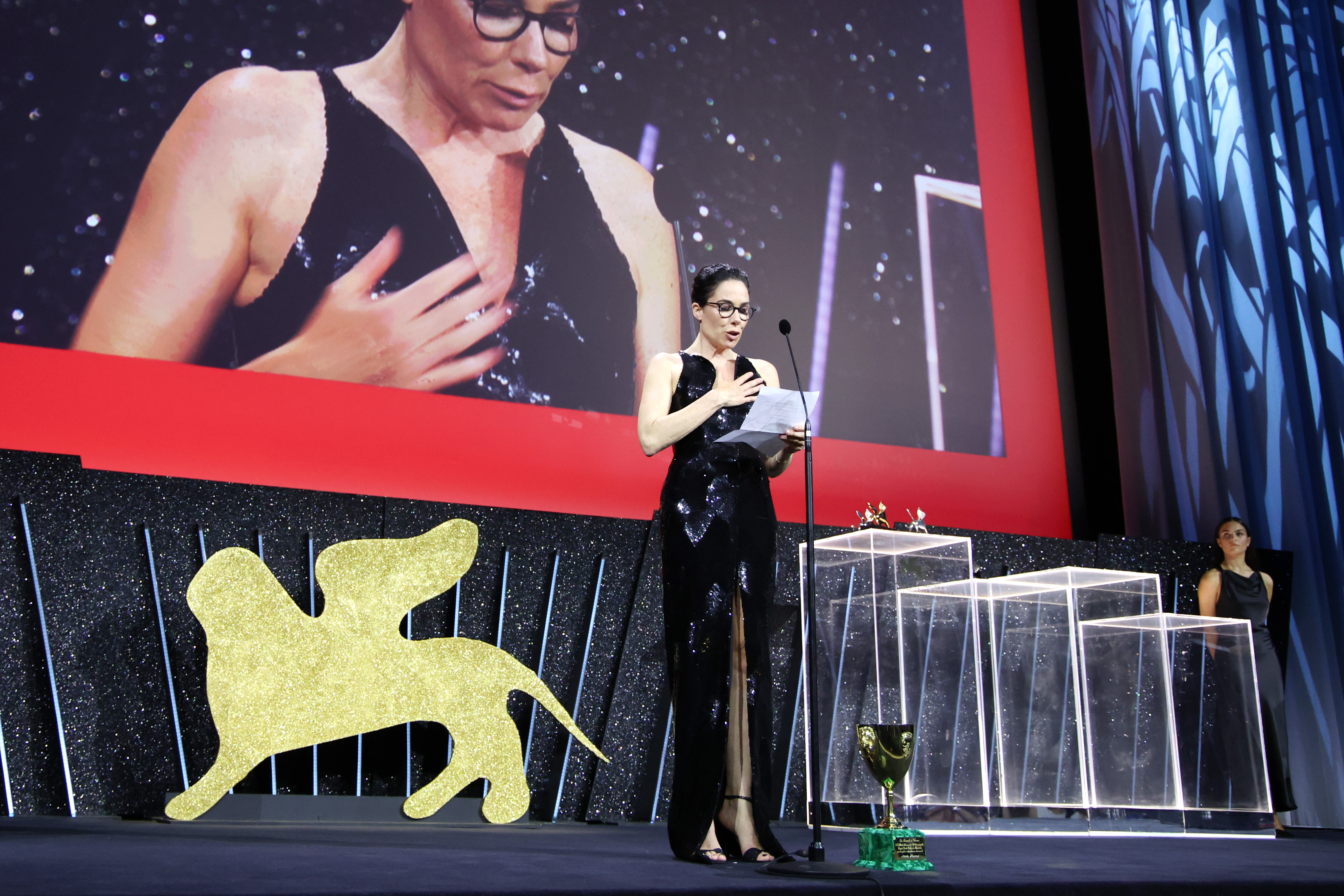 Halina Reijn accepts the Volpi Cup for Best Actress for "Babygirl" on behalf of Nicole Kidman onstage during the 81st Venice International Film Festival on September 7, 2024, in Venice, Italy. | Source: Getty Images