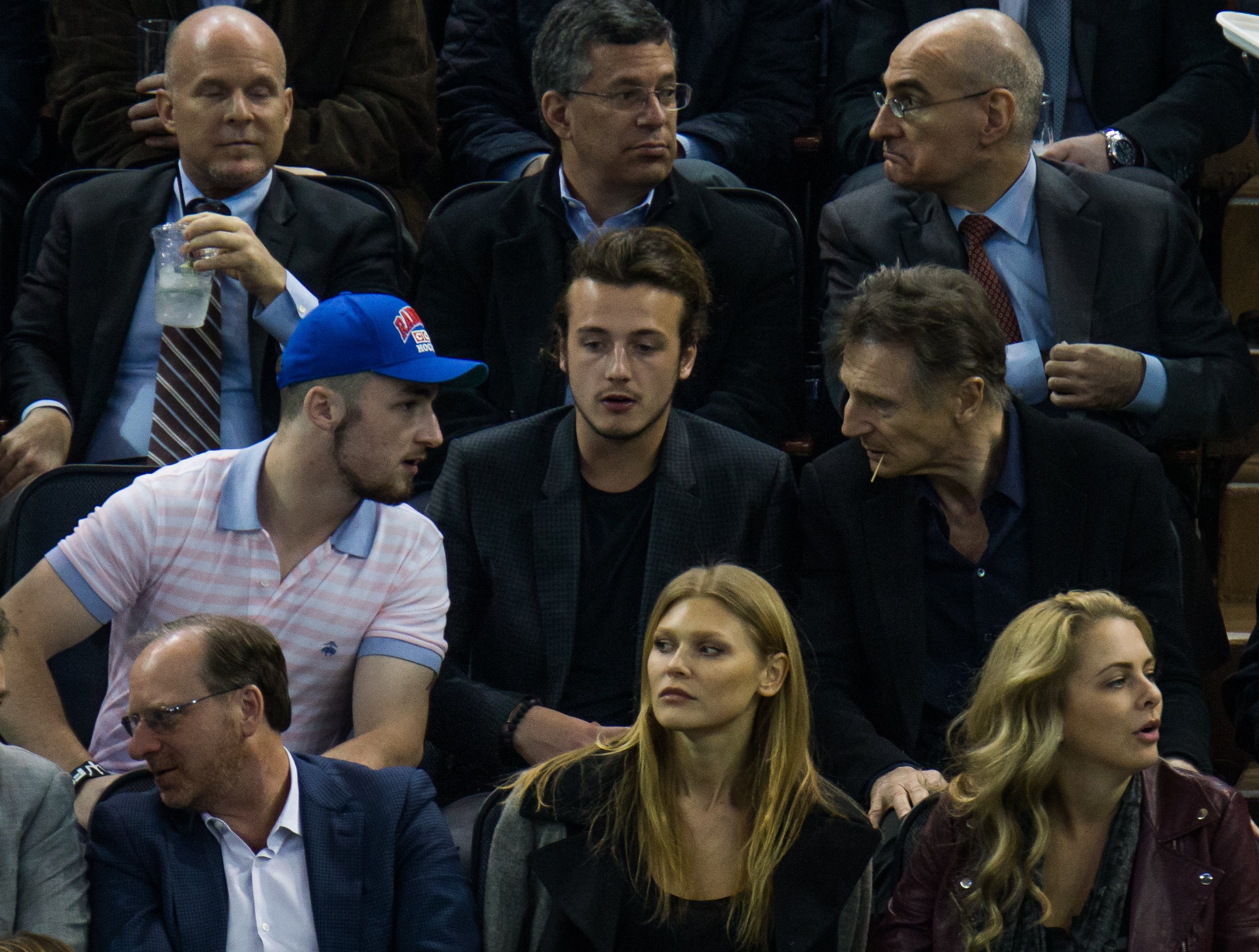 Liam Neeson and his sons, Daniel Neeson and Micheál Richardson at the New York Rangers Vs. Boston Bruins game on March 23, 2016