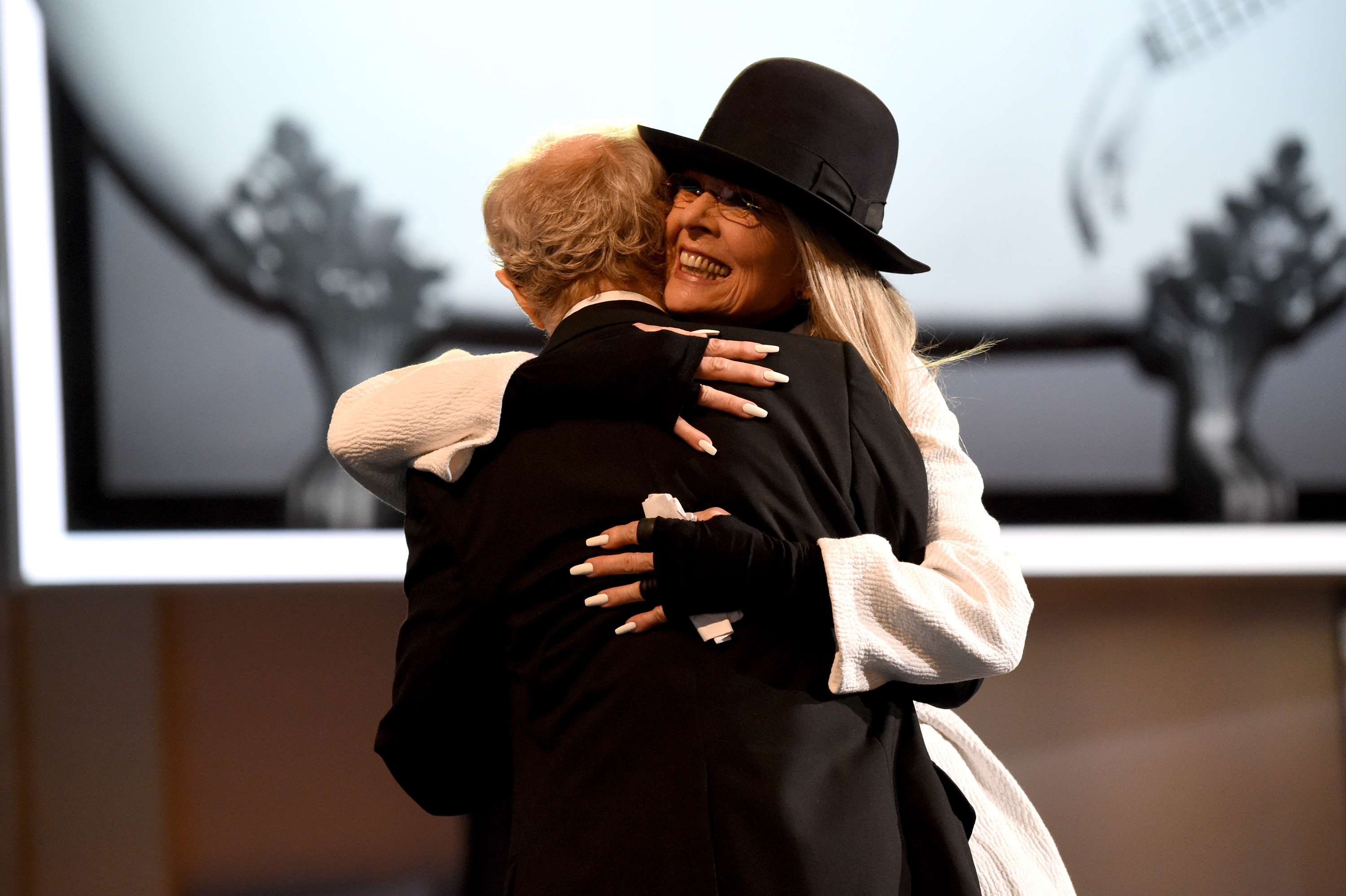 Woody Allen and Diane Keaton onstage at American Film Institute's 45th Life Achievement Award Gala Tribute to Diane Keaton on June 8, 2017