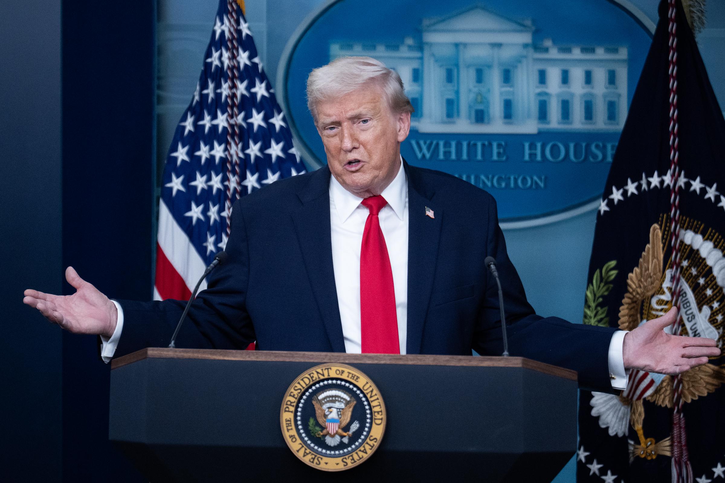 President Donald Trump speaks to reporters in the White House briefing room on the first anniversary of his second term, on January 20, 2026 | Source: Getty Images