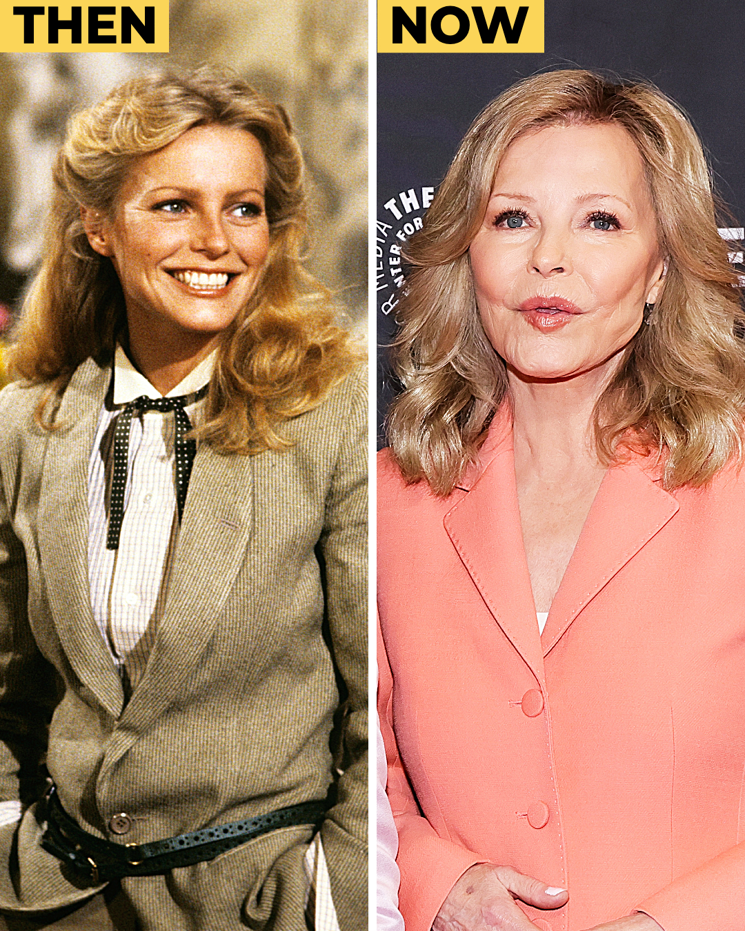 A side-by-side image highlights Cheryl Ladd's evolution, contrasting her early "Charlie's Angels" era look with her modern appearance, showing enduring elegance.