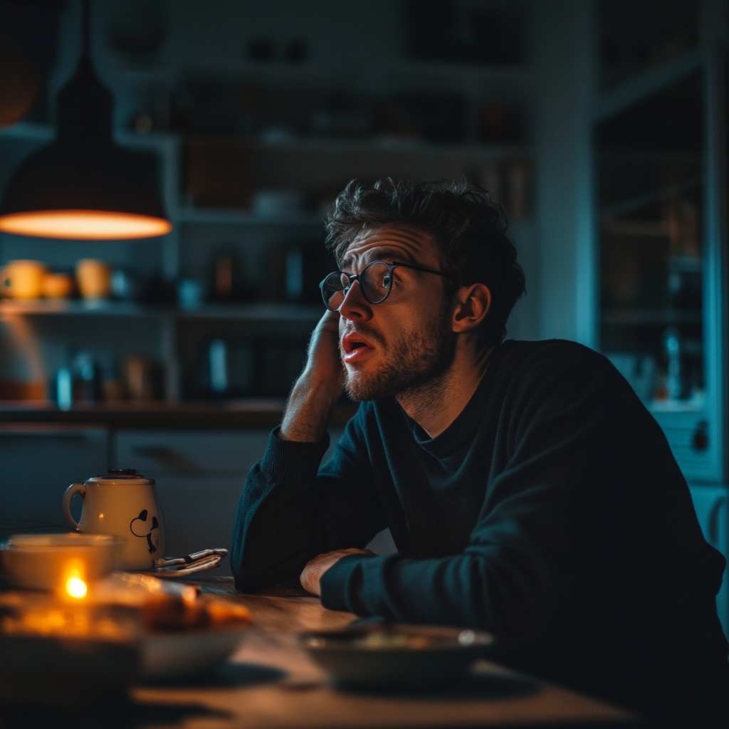 Um homem chocado sentado à mesa da cozinha | Fonte: Midjourney