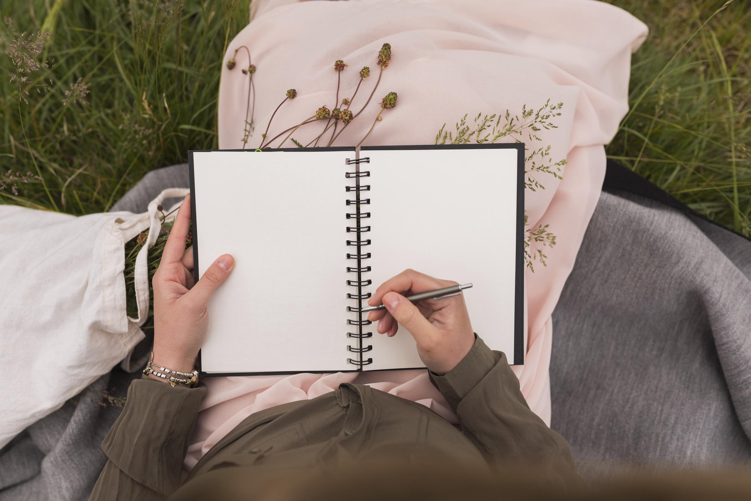 A woman sitting on a meadow, about to journal | Source: Getty Images