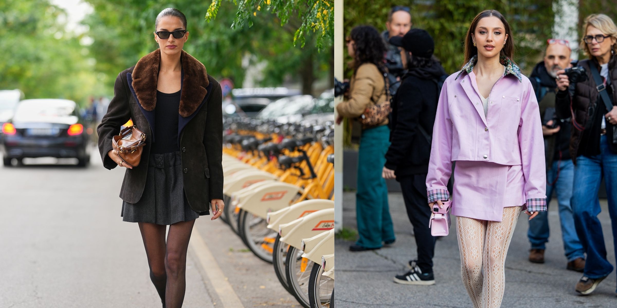 Two women wearing skirt-and-tights ensembles | Source: Getty Images