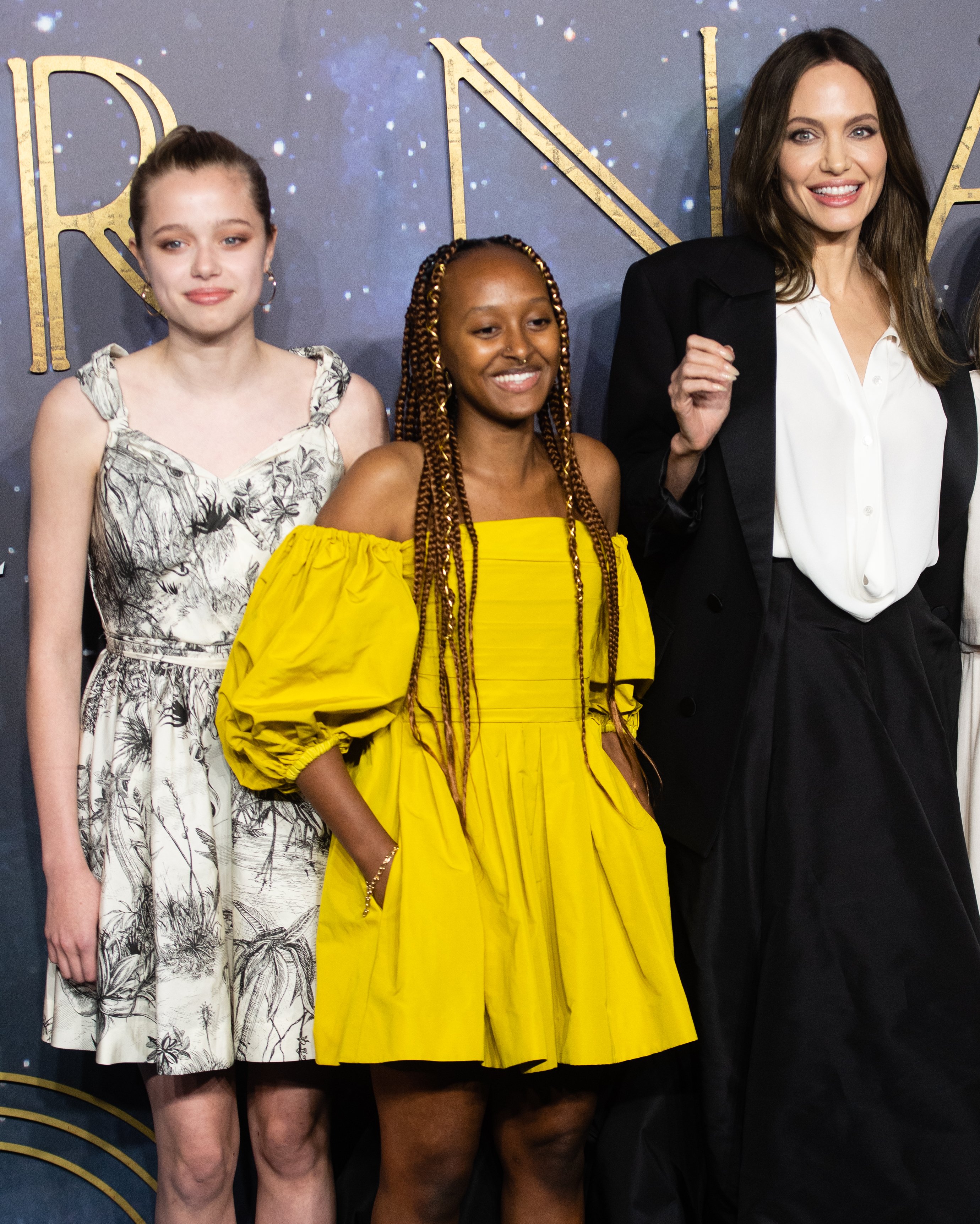 Shiloh Jolie-Pitt, Zahara Jolie-Pitt, and Angelina Jolie at the "Eternals" UK premiere on October 27, 2021, in London, England | Source: Getty Images