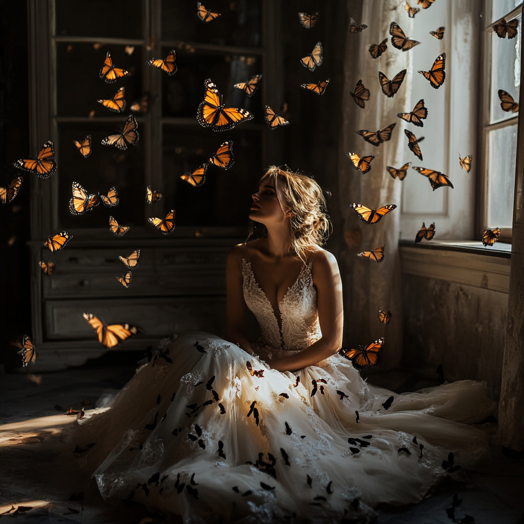 A woman sitting as butterflies fly around her | Source: Midjourney