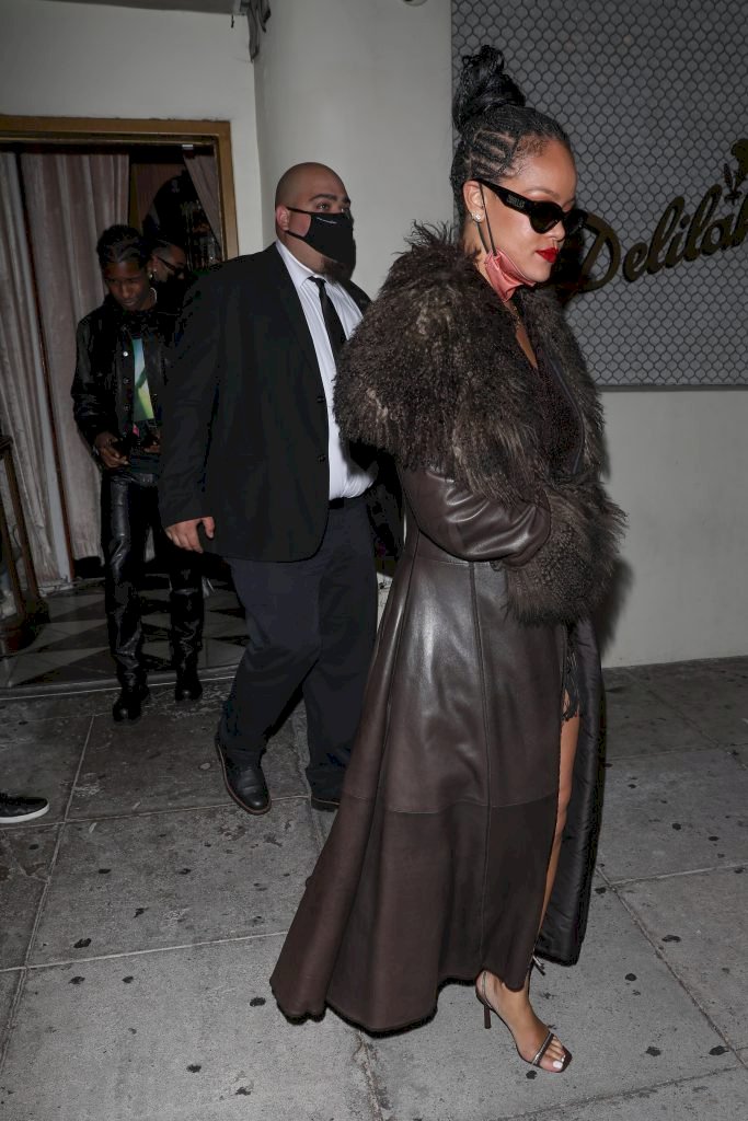 LOS ANGELES CA - APRIL 12: ASAP Rocky and Rihanna are seen leaving Delilah on April 12, 2021 in Los Angeles, California. (Photo by 007/Photographer Group/MEGA/GC Images)