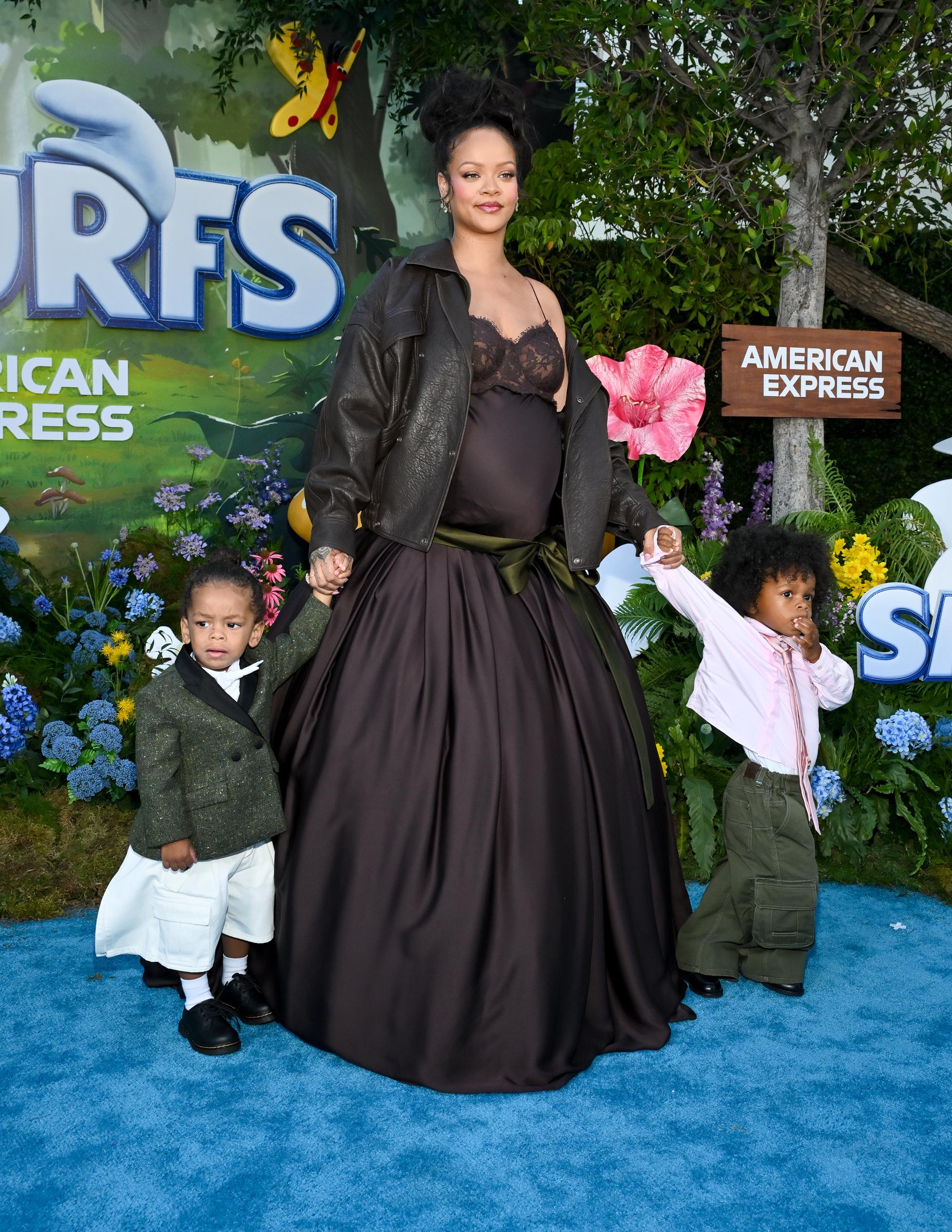 Riot Rose Mayers, Rihanna, and RZA Athelston Mayers at the "Smurfs" premiere on July 13, 2025, in Los Angeles, California. | Source: Getty Images