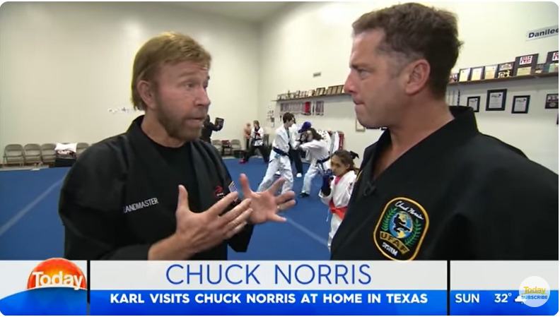Chuck Norris and Karl Stefanovic at the actor's Texas ranch, from a video dated July 10, 2018 | Source: Youtube/@TodayShowAU