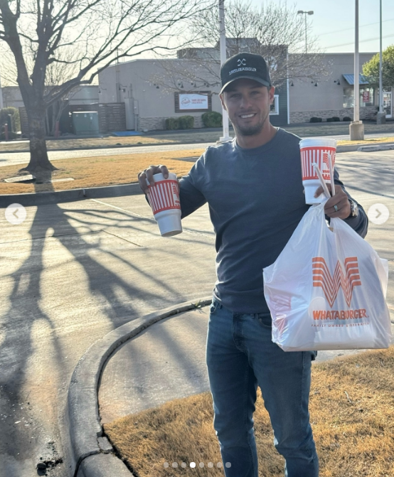 Balancing large drinks and a takeout bag from Whataburger across a sunny parking lot, Brendan flashes a proud grin in a photo from Miranda's birthday tribute gallery. The casual snapshot captured the simple everyday joys the couple shares away from the spotlight, delighting followers who celebrated how sweet and grounded their relationship remains. | Source: Instagram/mirandalambert