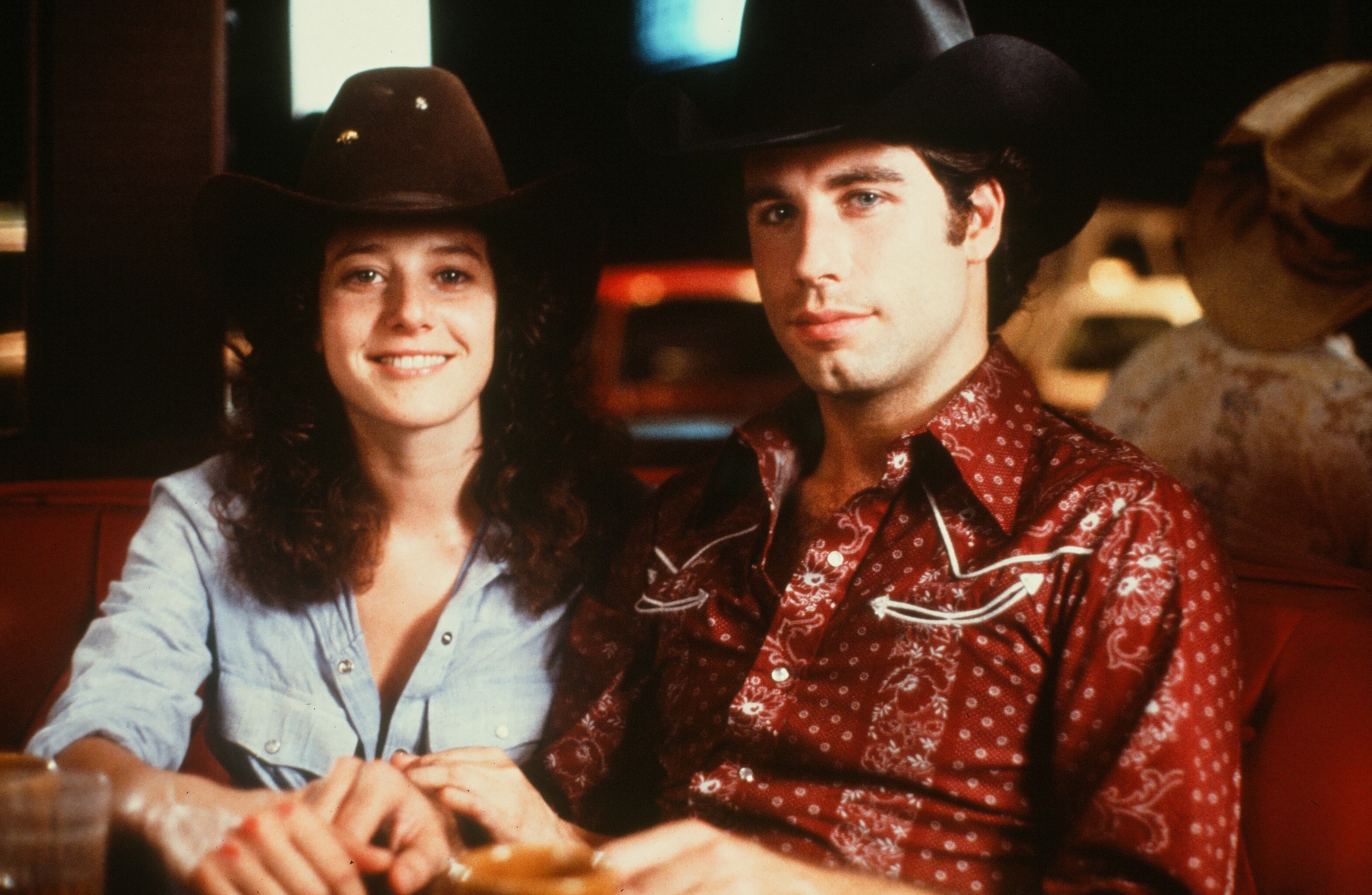 The famous actress and John Travolta on the set of "Urban Cowboy" circa 1980.