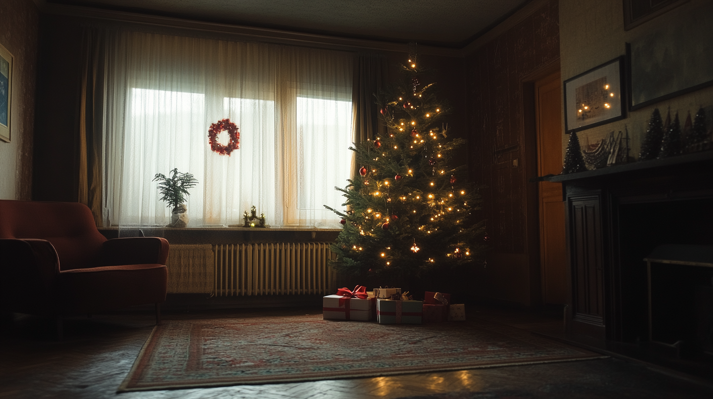 A Christmas tree in a living room | Source: Midjourney