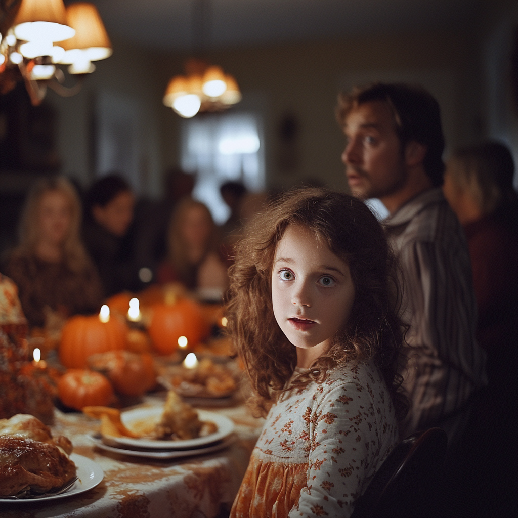 A little girl and her shocked father during a Thanksgiving dinner | Source: Midjourney