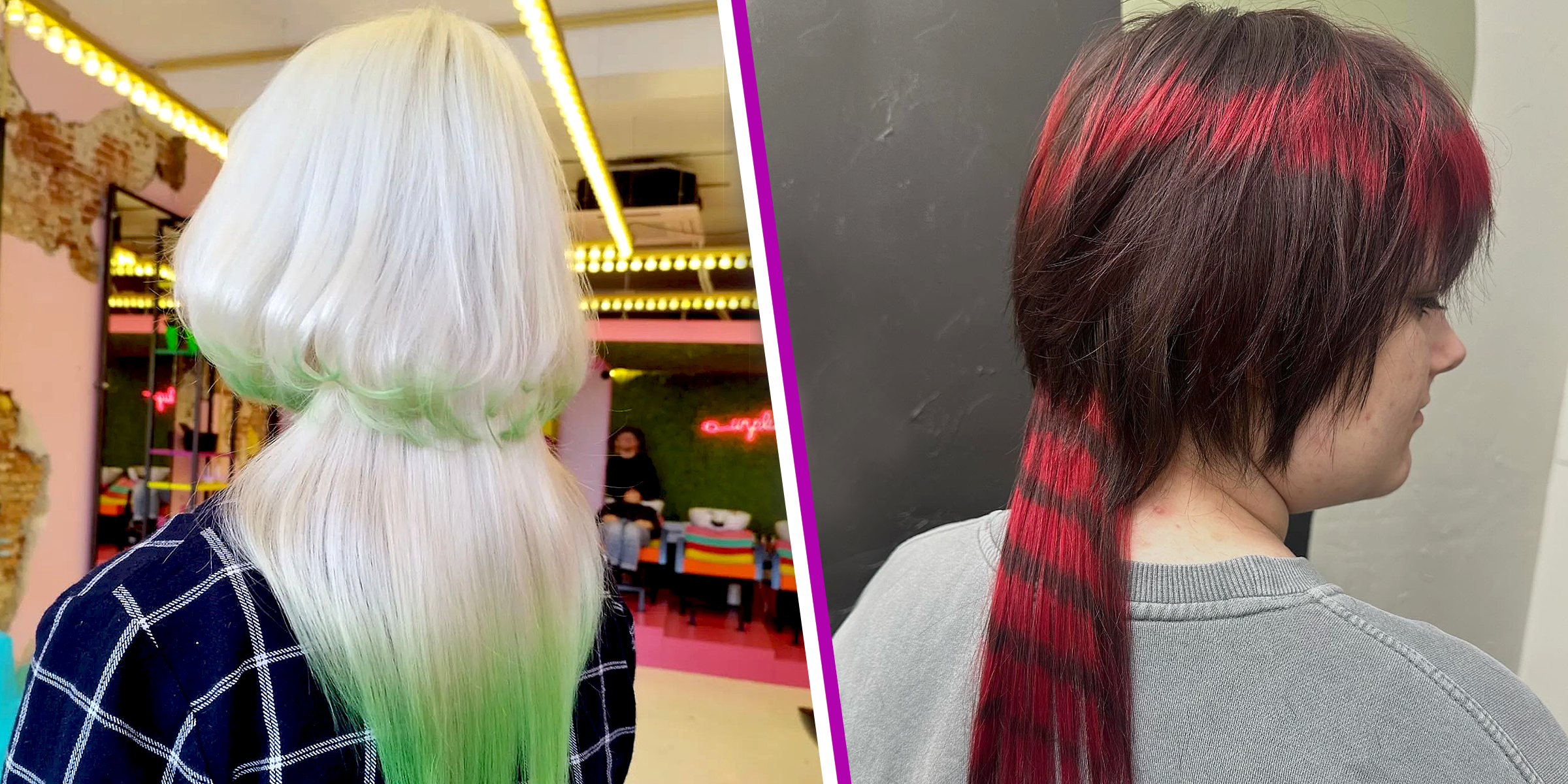 A woman with a platinum blonde jellyfish haircut with lime green ends | A woman with a brunette jellyfish haircut with red horizontal highlights | Source: Instagram/toriatsolara | Instagram/hair_by_renske_