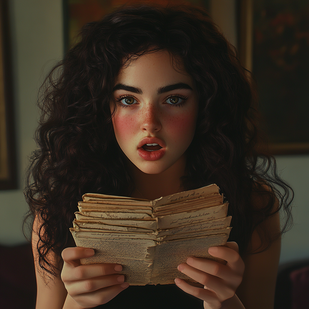 A stunned woman holding a stack of old letters | Source: Midjourney