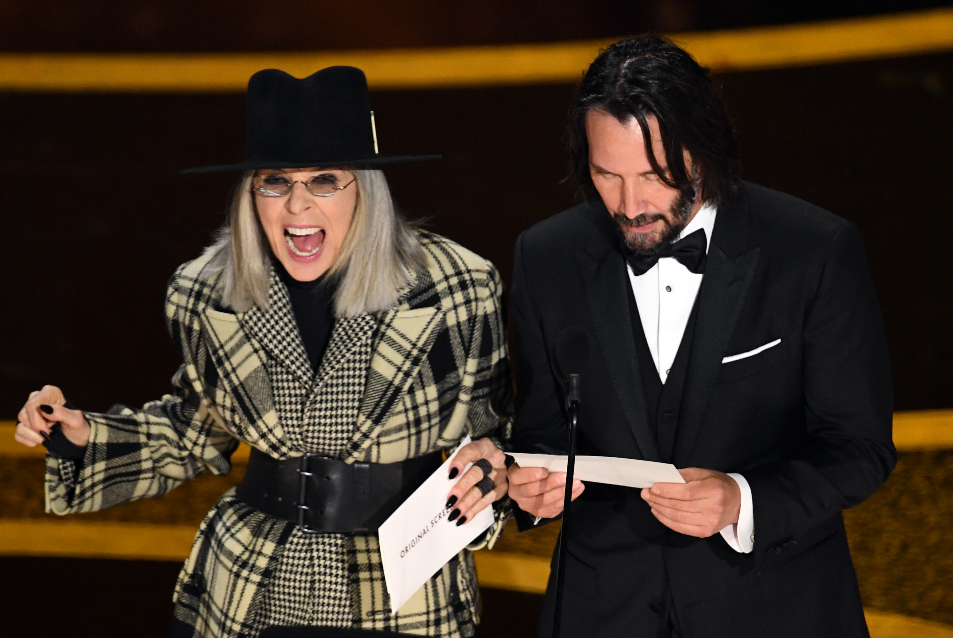 Diane Keaton and Keanu Reeves during the 92nd Annual Academy Awards on February 9, 2020
