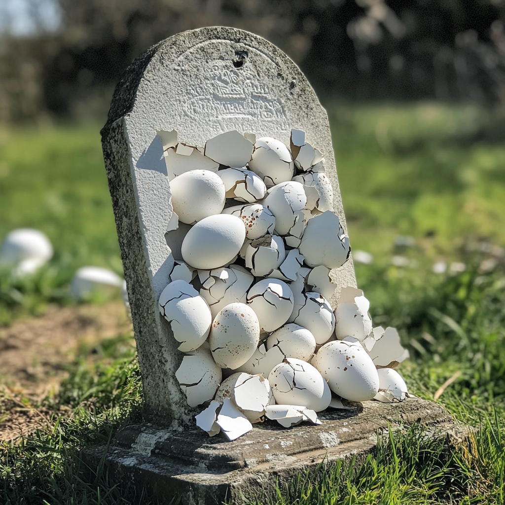 A gravestone covered in eggs | Source: Midjourney