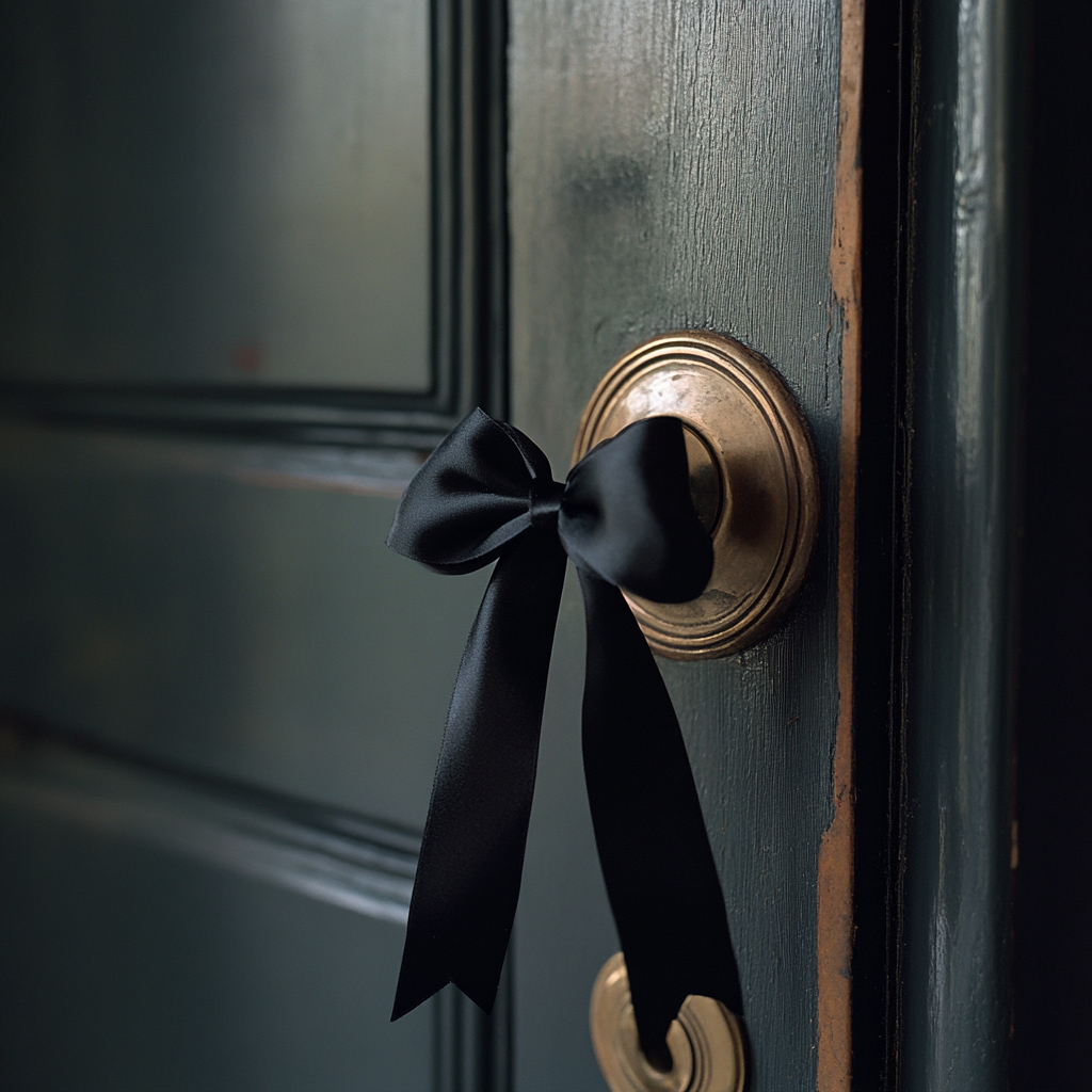 A black ribbon attached to a doorknob | Source: Midjourney