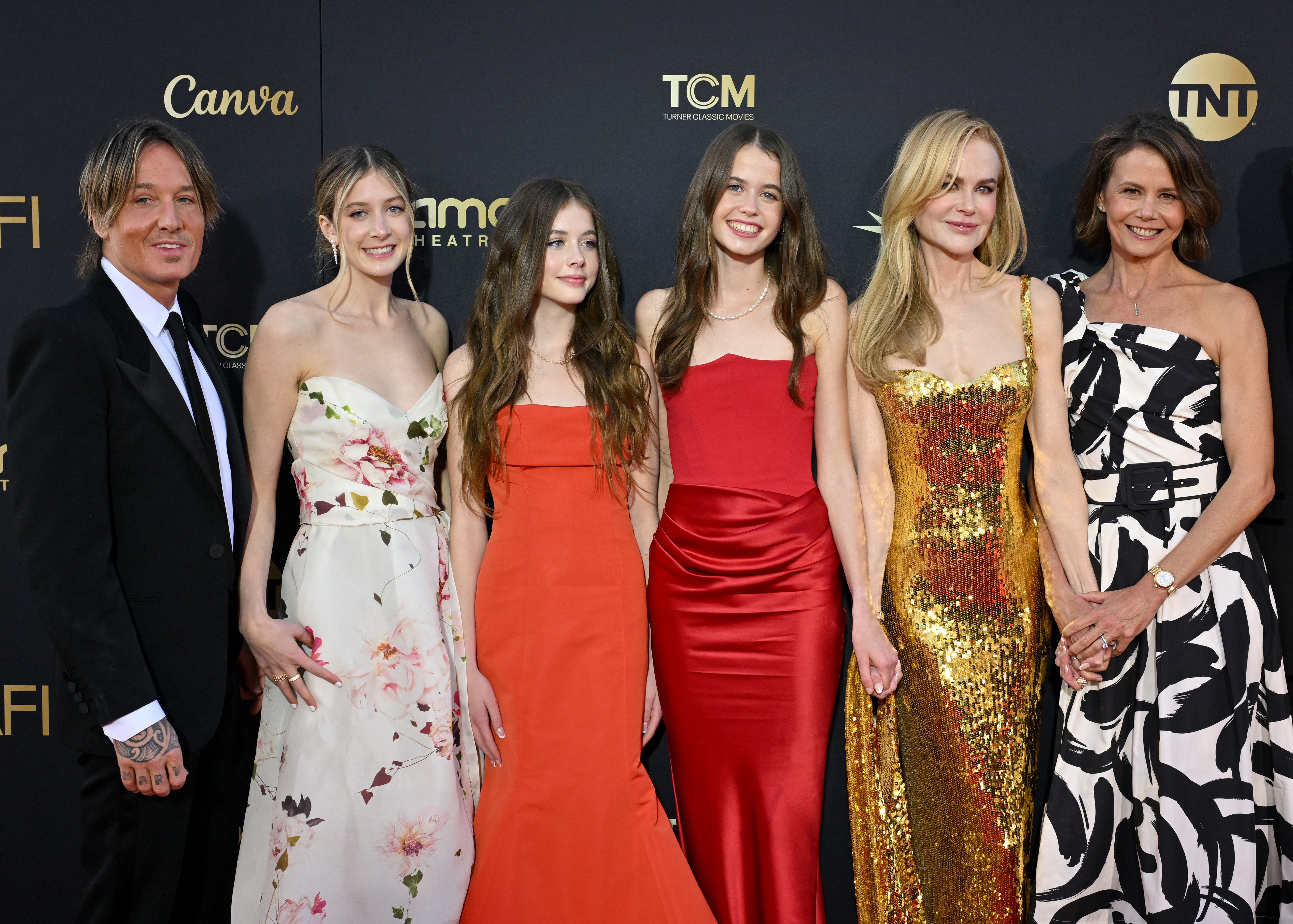 (L-R) Keith, Sunday, Faith Kidman Urban , Sybella Hawley, Nicole and Antonia Kidman at the 49th AFI Life Achievement Award Gala Tribute Celebrating Nicole Kidman on April 27, 2024, in Hollywood, California. | Source: Getty Images