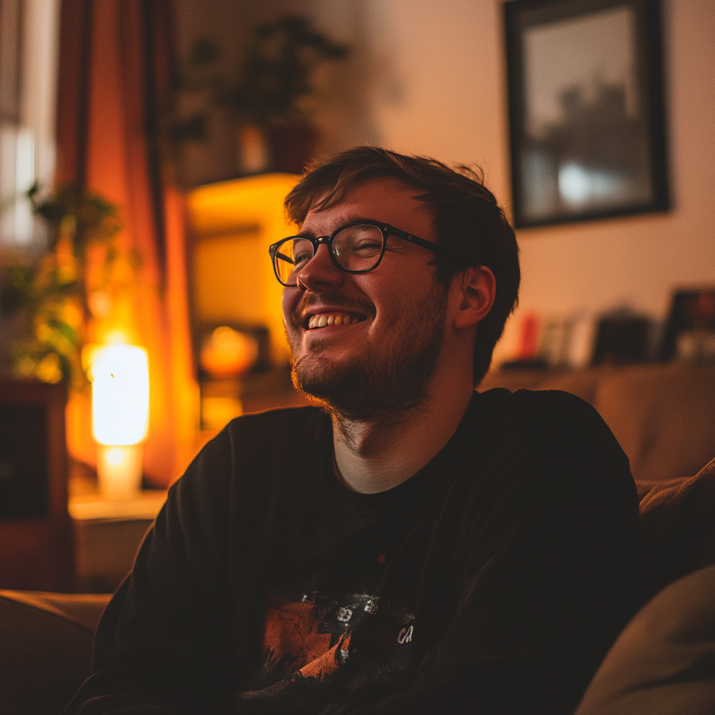 A chuckling man in his living room | Source: Midjourney