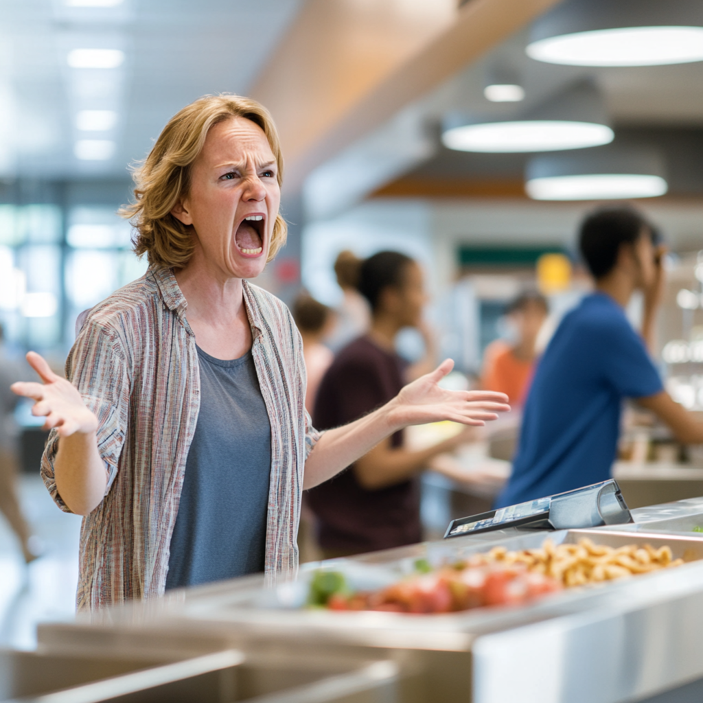 An angry middle-aged female cashier screaming while standing in a college cafeteria | Source: Midjourney