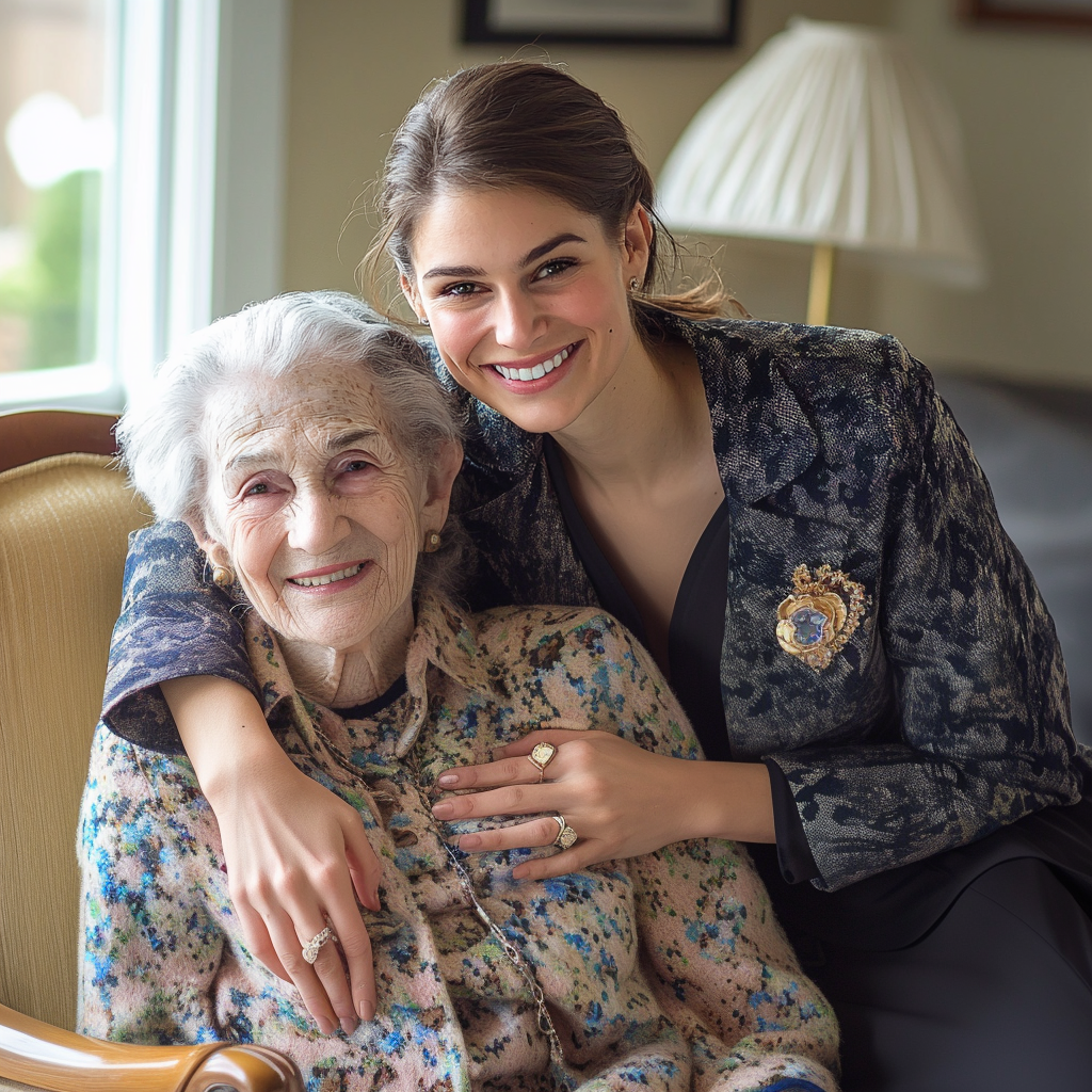 An elegantly dressed woman hugs an elderly lady in a nursing home room | Source: Midjourney