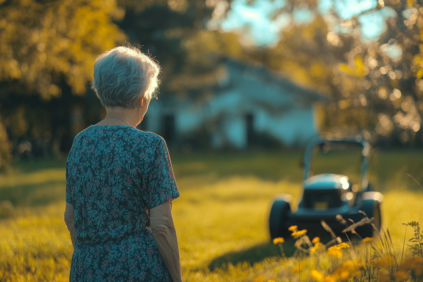 A woman looking at a lawnmower | Source: Midjourney