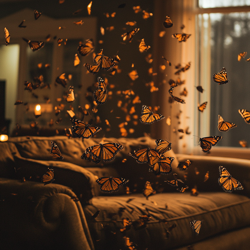 Monarch butterflies flying in the living room | Source: Midjourney