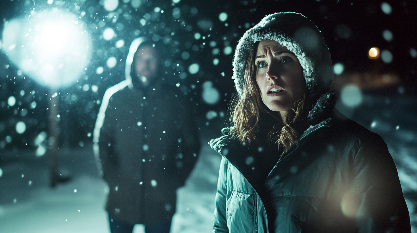 Confused woman staying in the snowstorm while man watching behind her back | Source: Midjourney