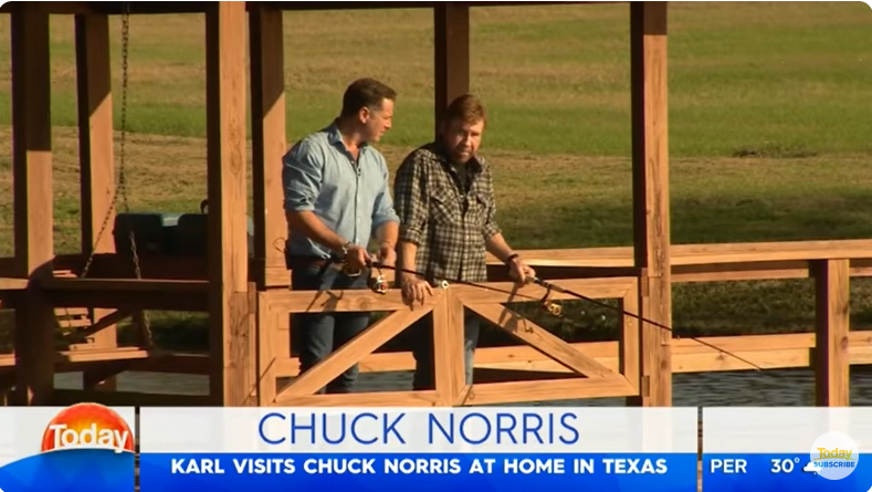 Chuck Norris and Karl Stefanovic at the actor's Texas ranch, from a video dated July 10, 2018 | Source: Youtube/@TodayShowAU